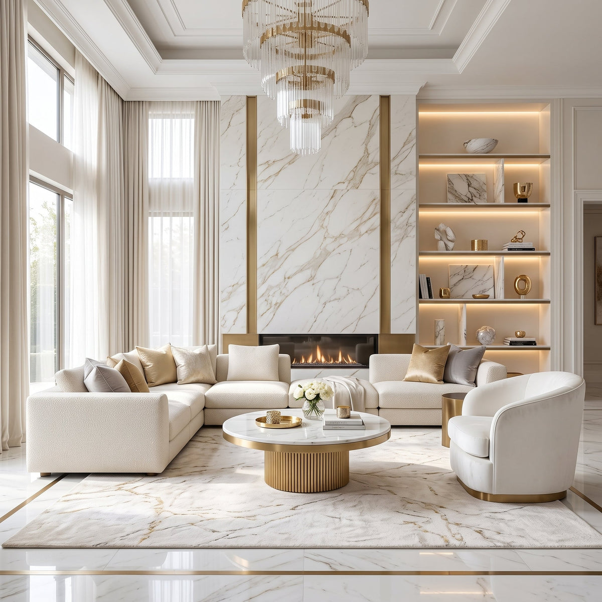 Cassa white marble coffee table styled in a luxury cream living room