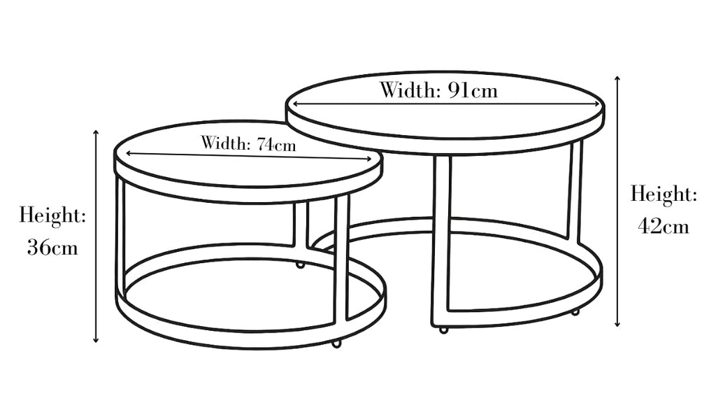Black and white line drawing showing two nested round nesting tables with dimension labels for width and height.