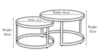Black and white line drawing showing two nested round nesting tables with dimension labels for width and height.