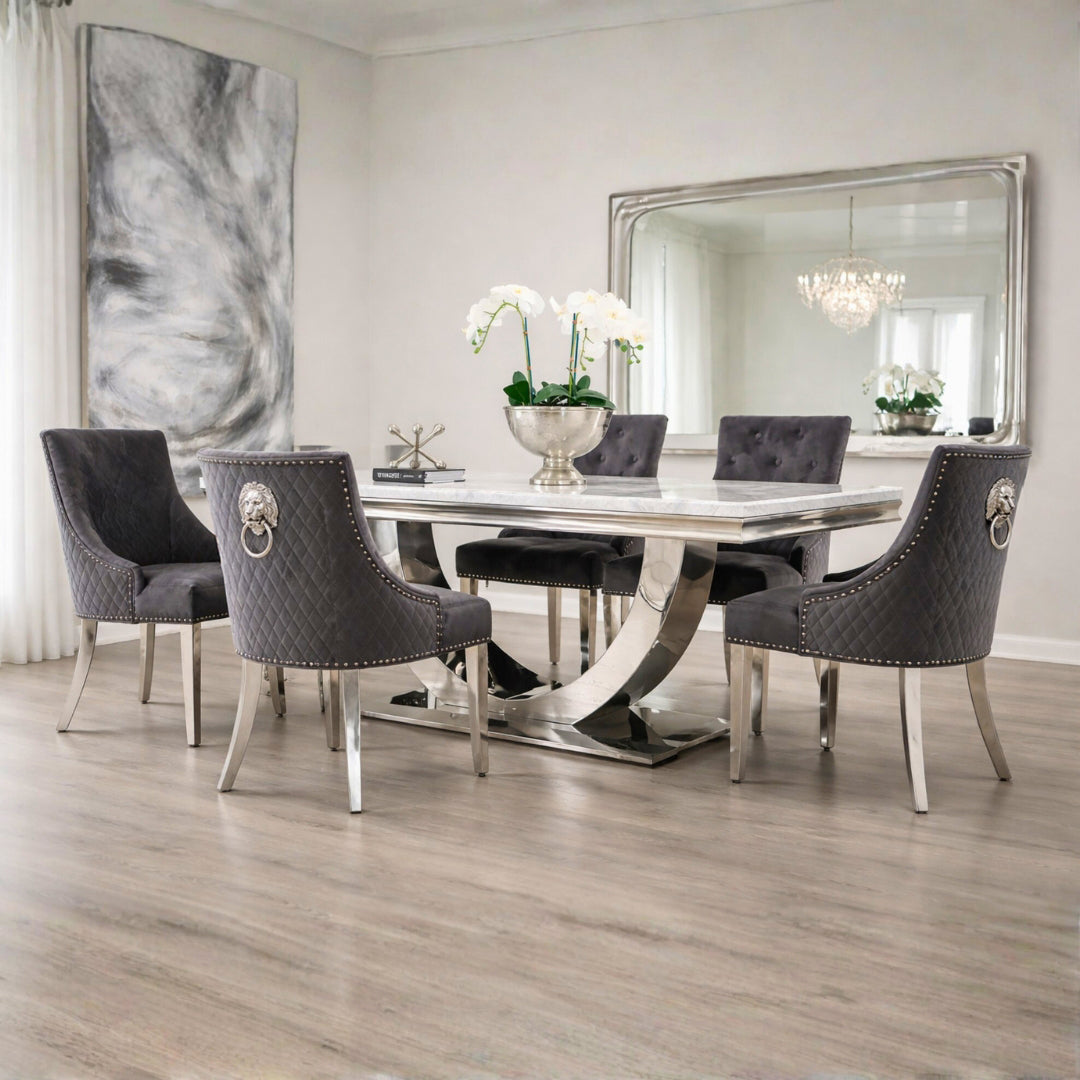 London Marble Dining Set with Grey Majestic Chairs & Chrome Legs Home Store Living