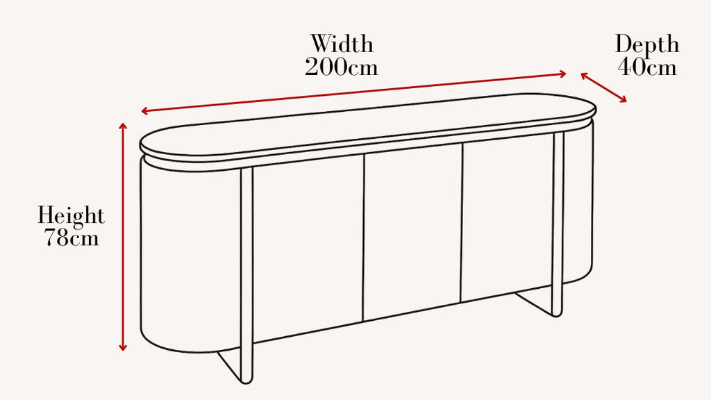 A line drawing of a sideboard or console table with red dimension arrows and text showing width 200cm, depth 40cm, and height 78cm on a light warm background.