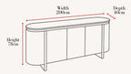 A line drawing of a sideboard or console table with red dimension arrows and text showing width 200cm, depth 40cm, and height 78cm on a light warm background.