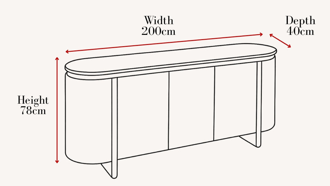 A line drawing of a sideboard or console table with red dimension arrows and text showing width 200cm, depth 40cm, and height 78cm on a light warm background.