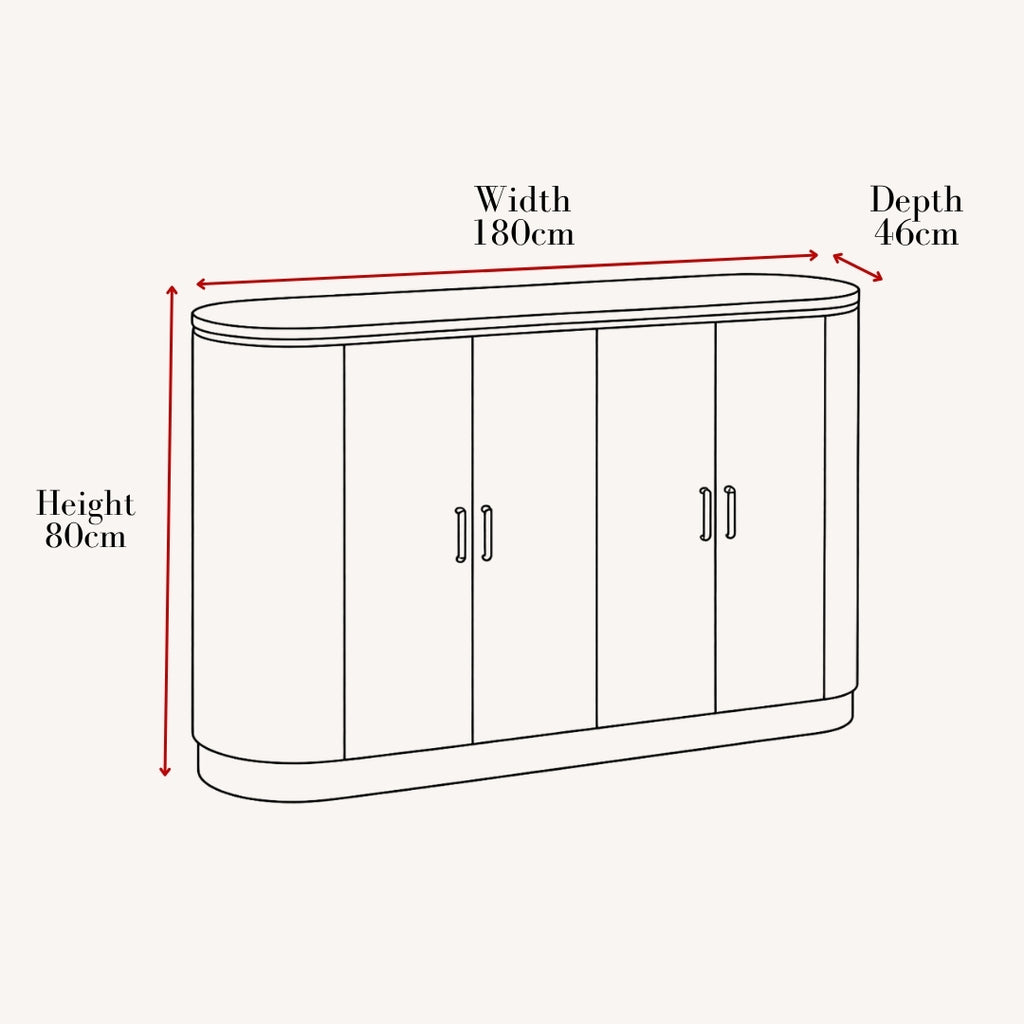 A line drawing of a cabinet with red arrows and text showing dimensions: width 180cm, height 80cm, and depth 46cm, on a light beige background.