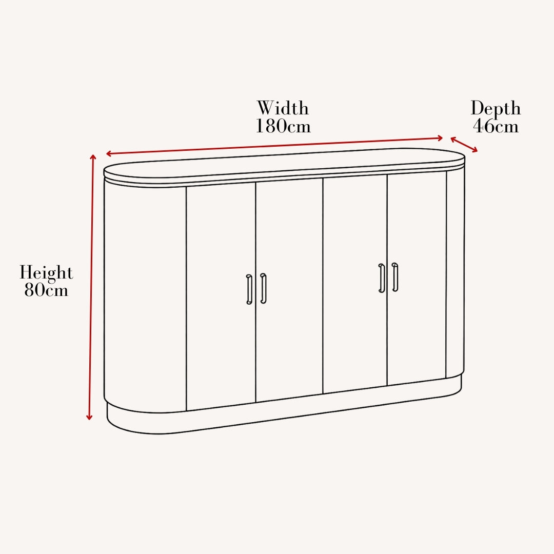A line drawing of a cabinet with red arrows and text showing dimensions: width 180cm, height 80cm, and depth 46cm, on a light beige background.
