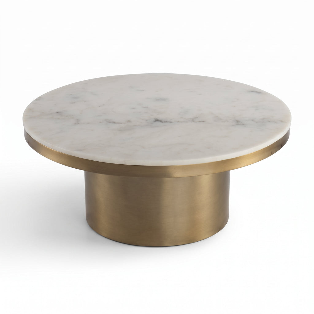 Camden round coffee table with beige marble-effect top and brushed gold base