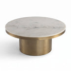 Camden round coffee table with beige marble-effect top and brushed gold base