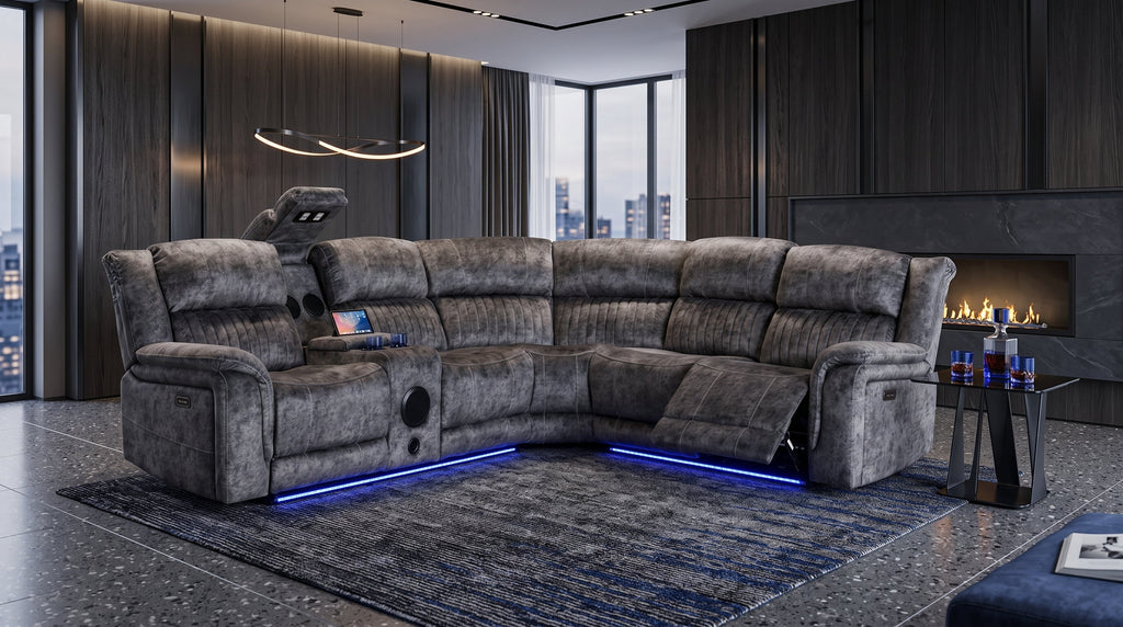 Cheshire Tech Corner Recliner Sofa | Electric Reclining Corner Sofa with USB, Bluetooth Speakers & Drinks Coolers Linda RS