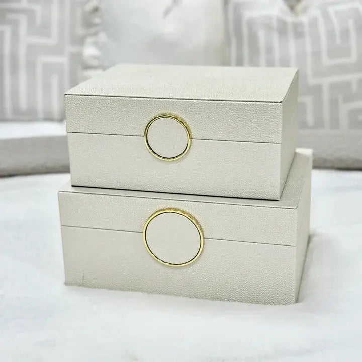 White Faux Litchi & Gold Storage Boxes (Set of 2) CIMC