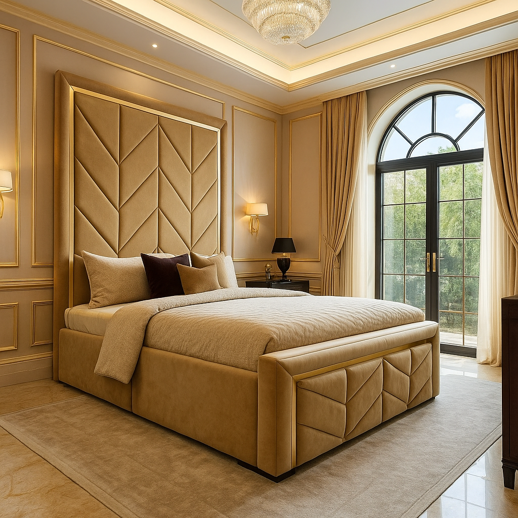 Gold Strip Tower Upholstered Bed Frame Home Store Living