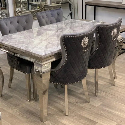 Louis 150cm Grey Marble Dining Set with Majesty Velvet Lion Knocker Chairs Home Store Living