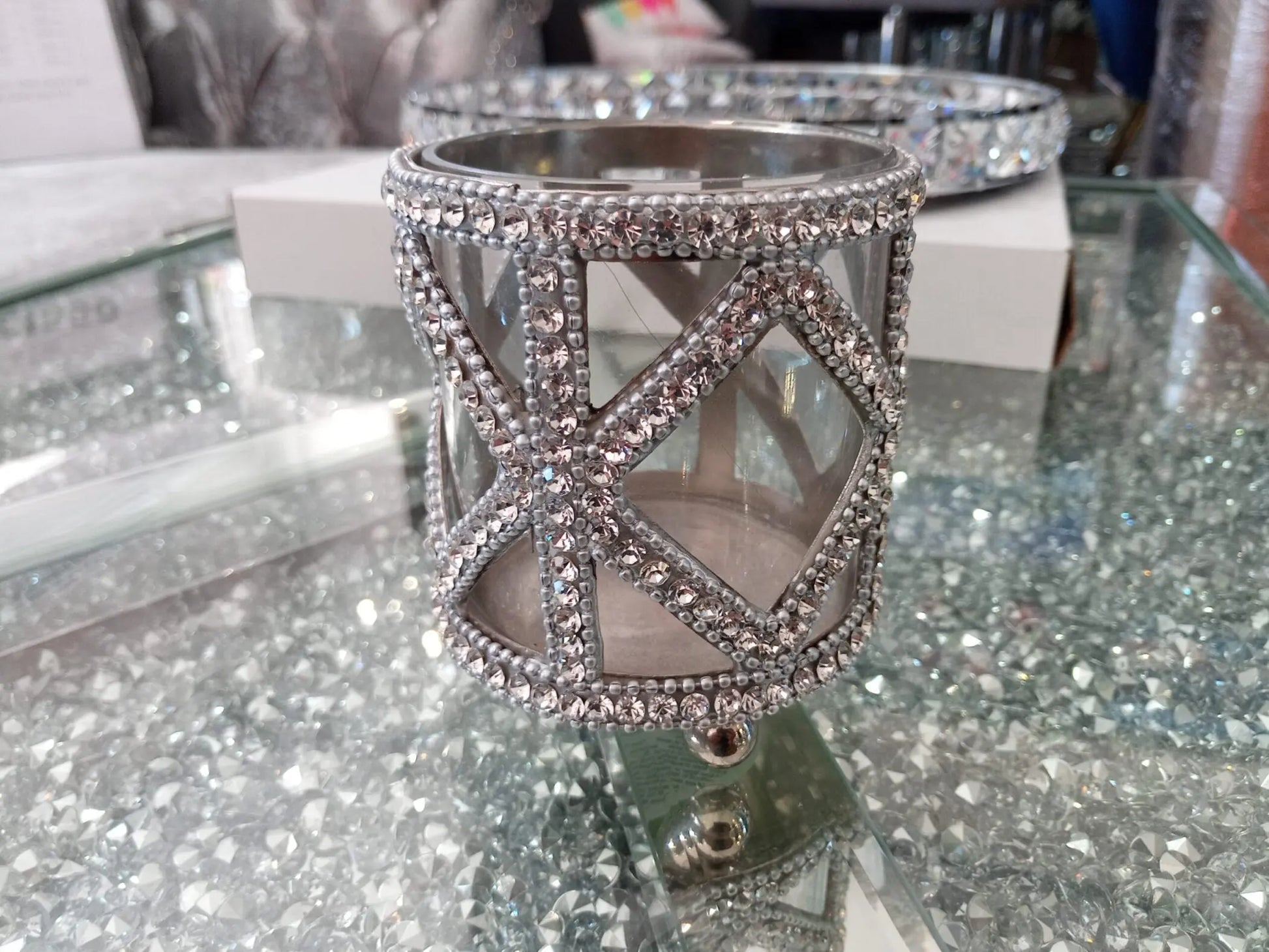 Small Nickel and Crystal Candle Holder Home Store Living