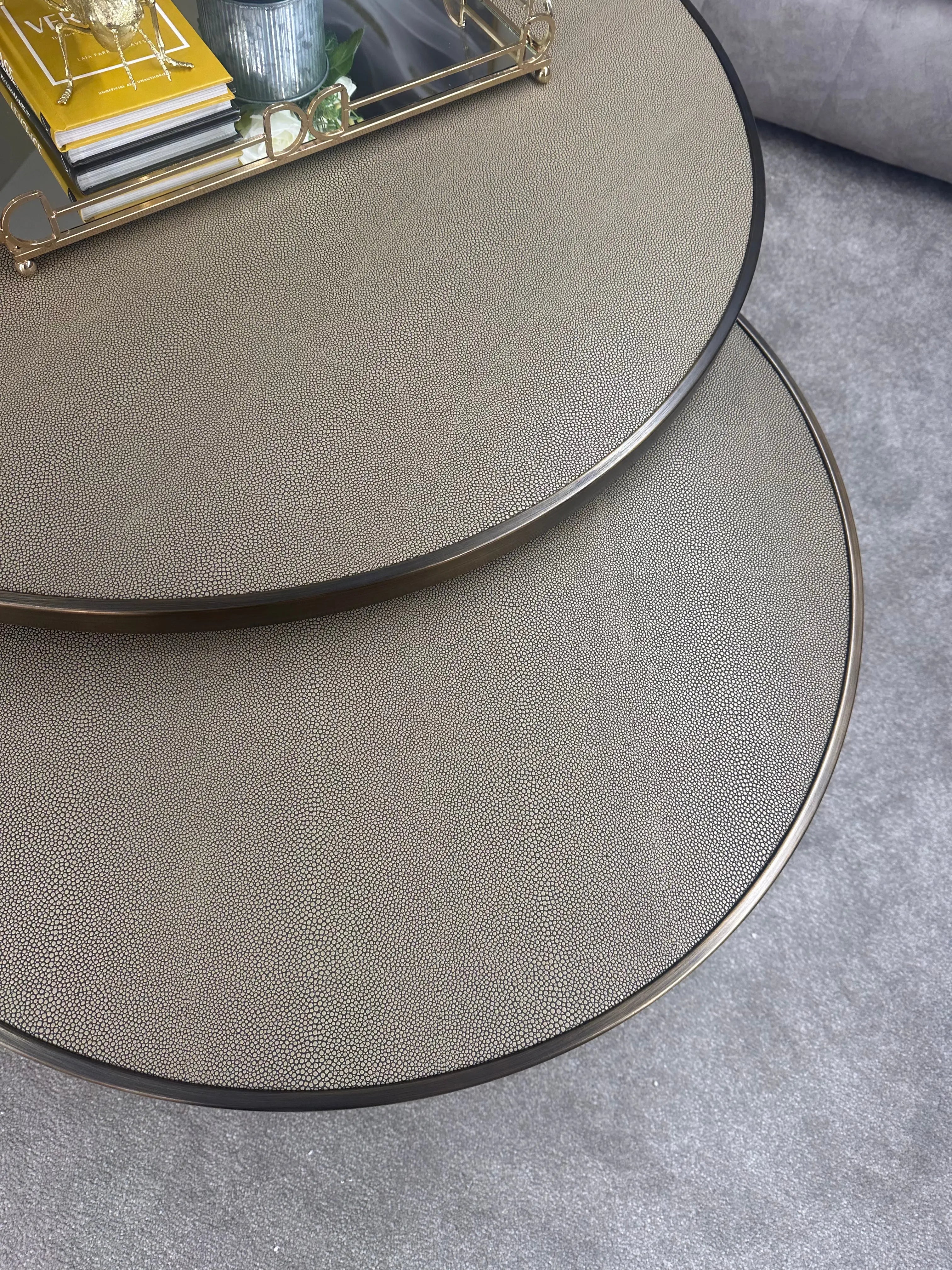 Belgravia Coffee Tables – Set of 2 Gold Frame Faux Shagreen Accent Tables Kevin Simba