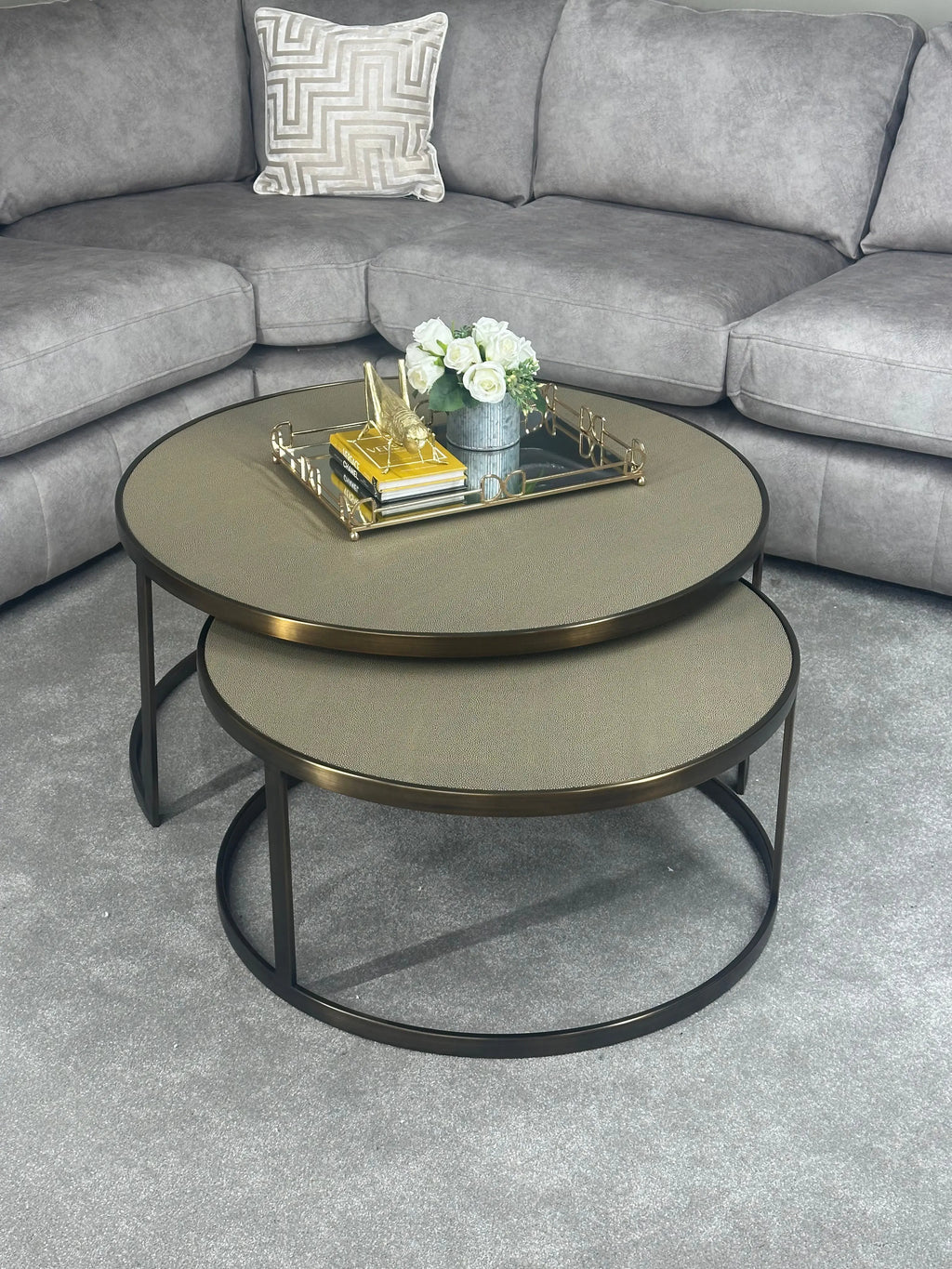 Belgravia Coffee Tables – Set of 2 Gold Frame Faux Shagreen Accent Tables Kevin Simba