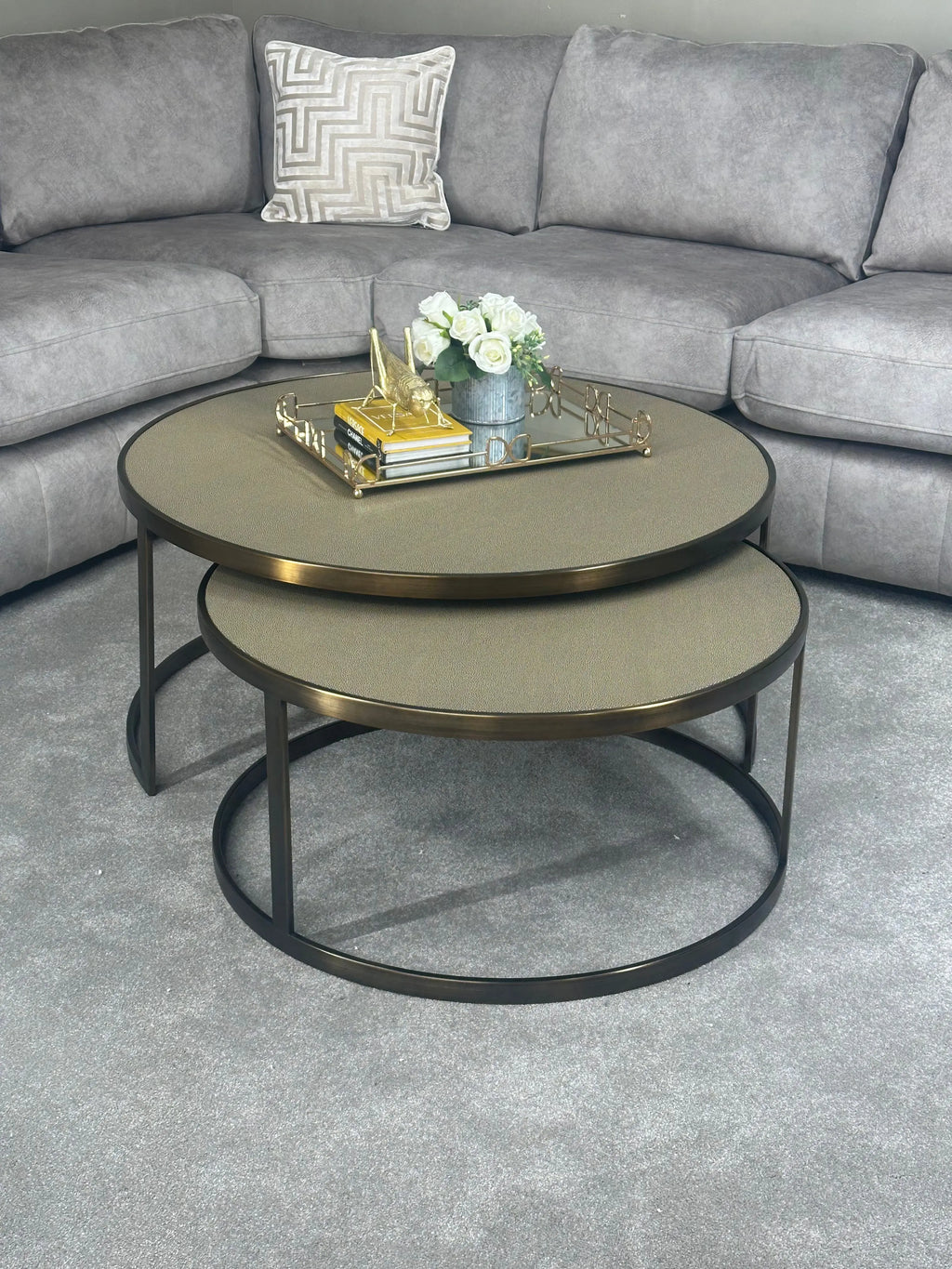 Belgravia Coffee Tables – Set of 2 Gold Frame Faux Shagreen Accent Tables Kevin Simba