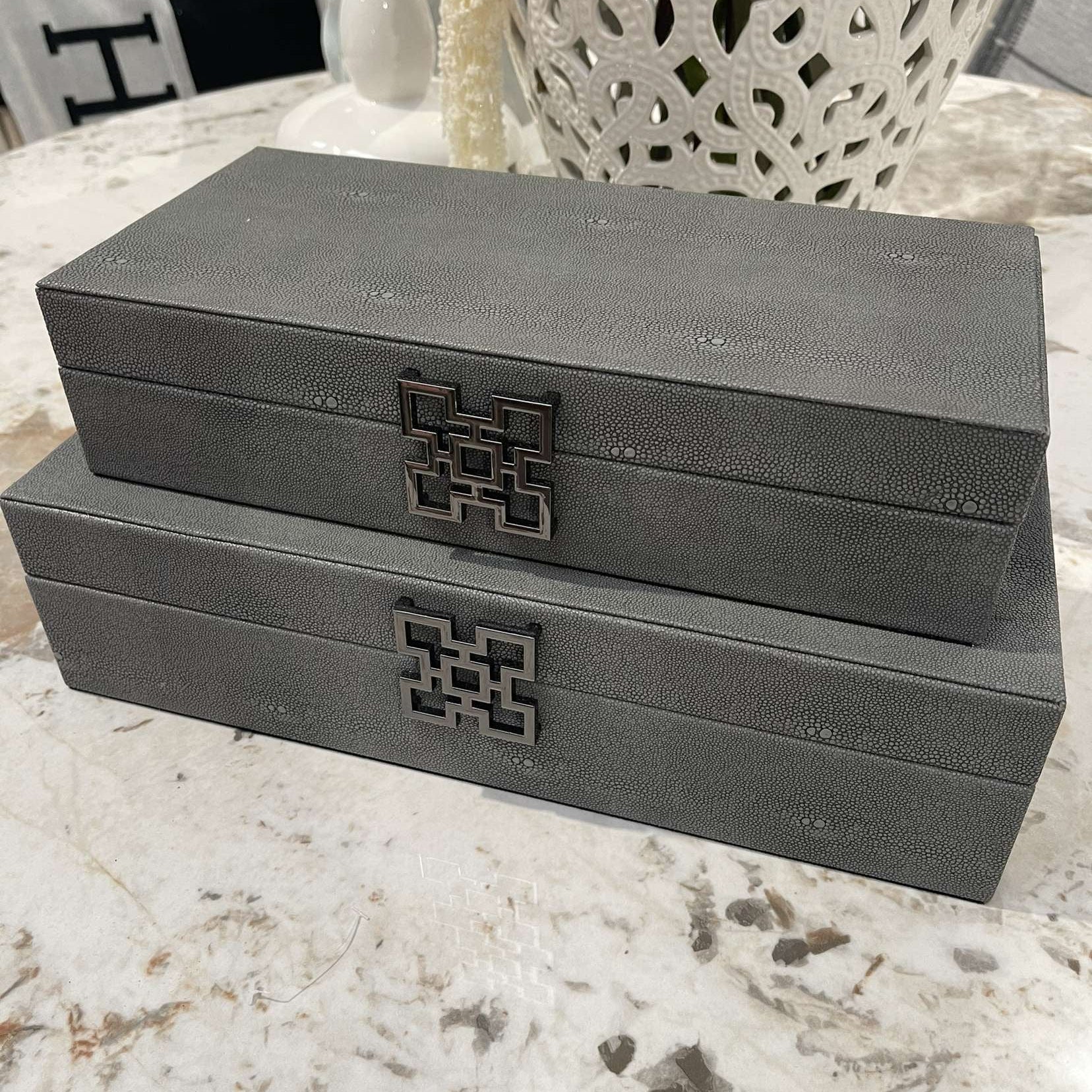 Grey Faux Litchi Leather Storage Boxes with Gunmetal Silver Handle (Set of 2) CIMC