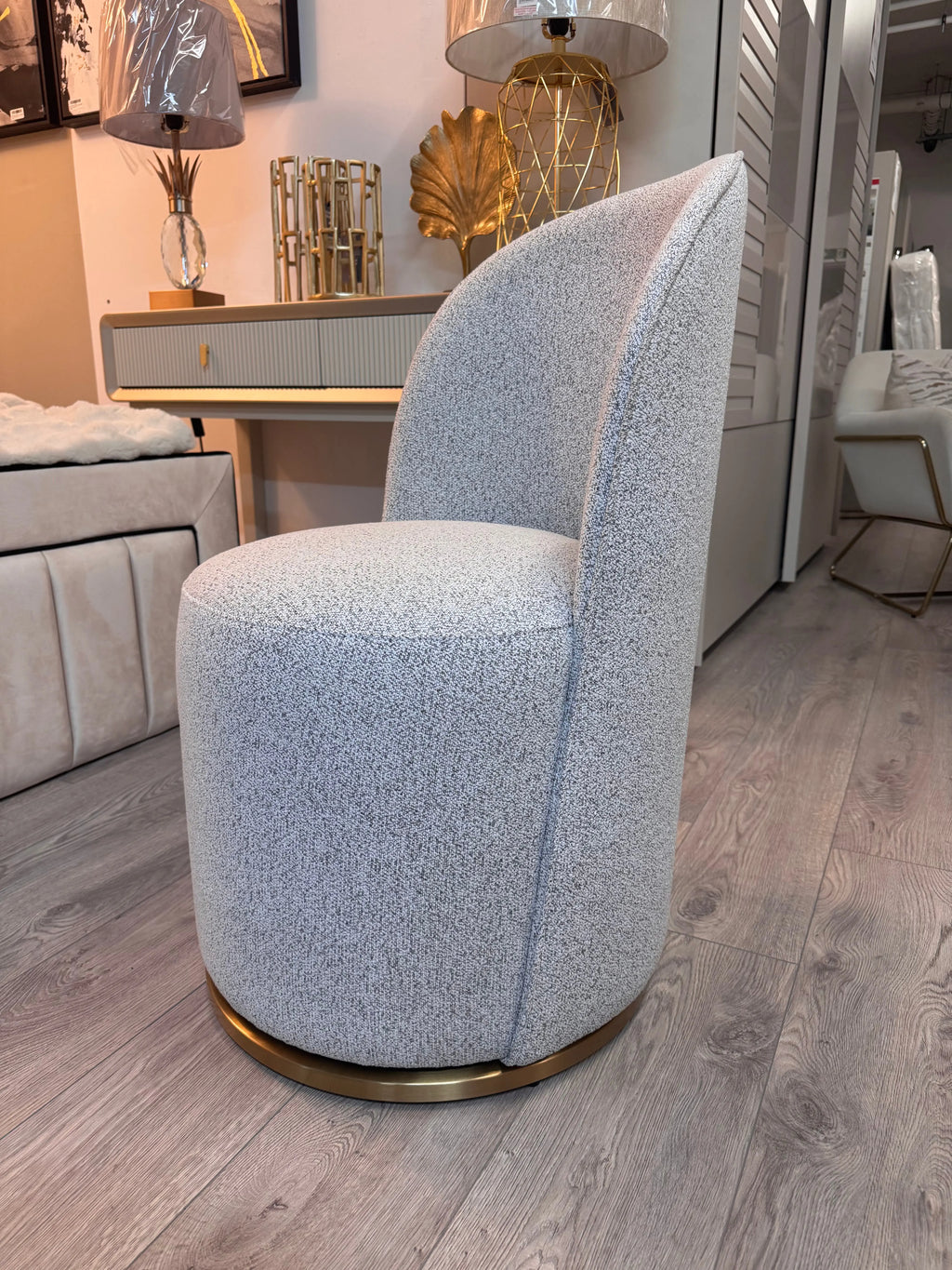 Amanda Swivel Chair - Boucle Grey  Brushed Brass Finished Swivel Base Kevin Simba