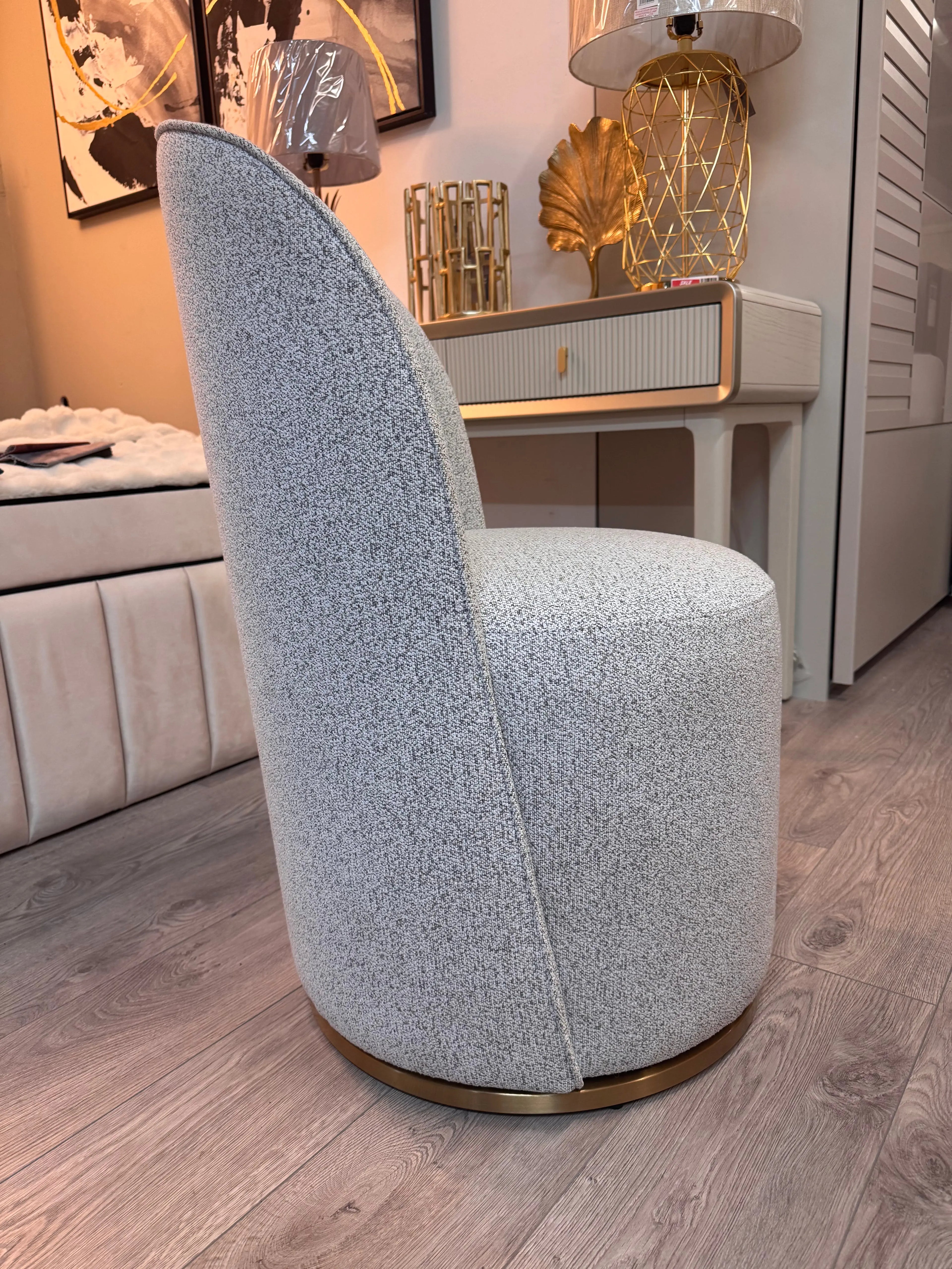 Amanda Swivel Chair - Boucle Grey  Brushed Brass Finished Swivel Base Kevin Simba