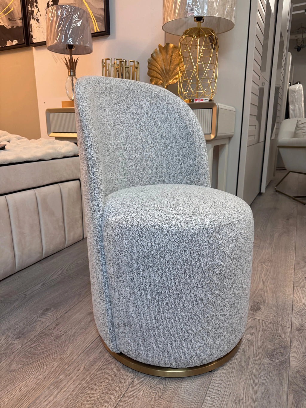 Amanda Swivel Chair - Boucle Grey  Brushed Brass Finished Swivel Base Kevin Simba