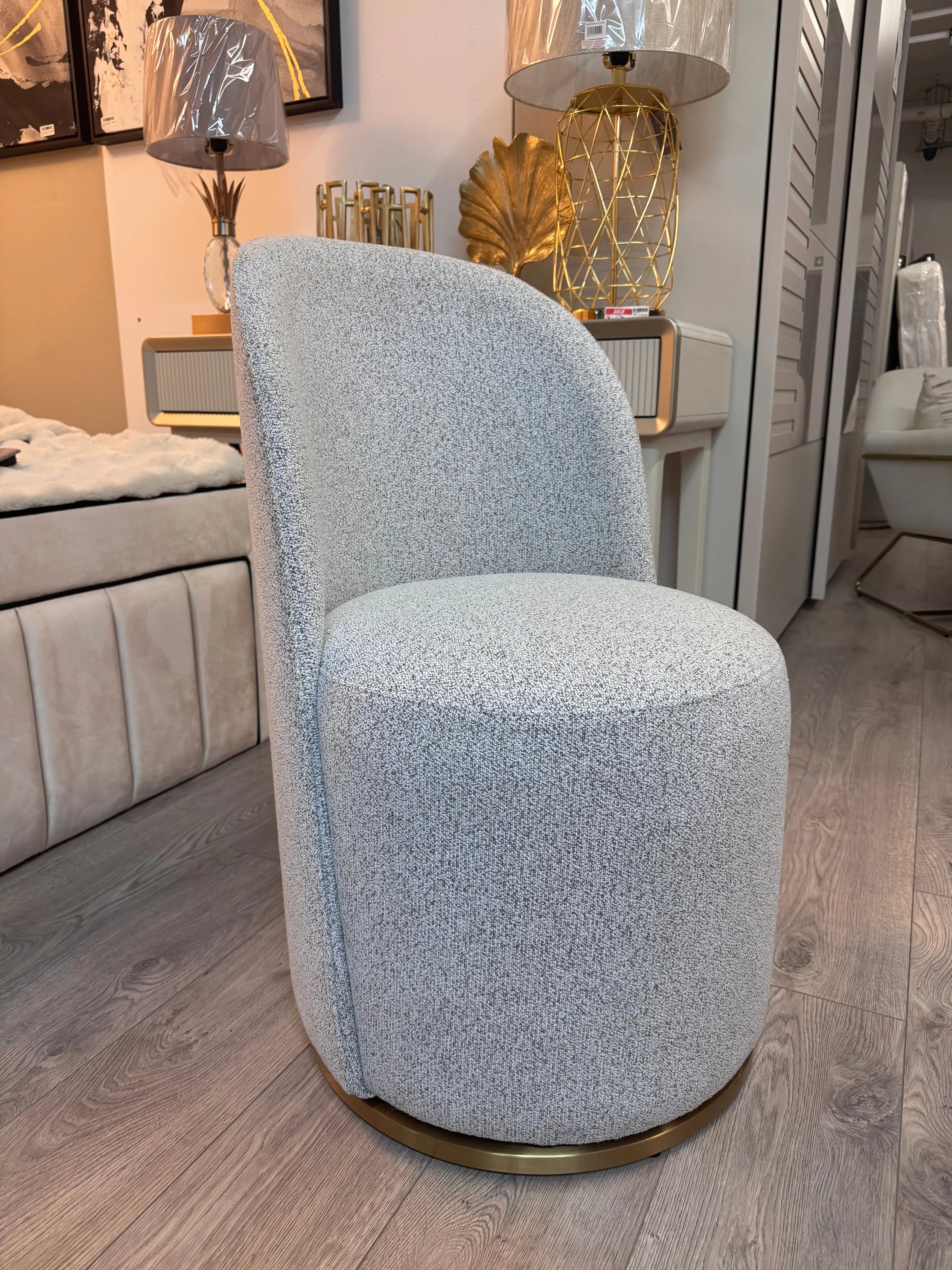 Amanda Swivel Chair - Boucle Grey  Brushed Brass Finished Swivel Base Kevin Simba