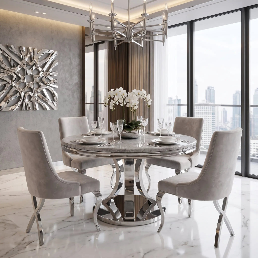 London 1.3m Round Marble Dining Table w/ Chrome Legs AWS