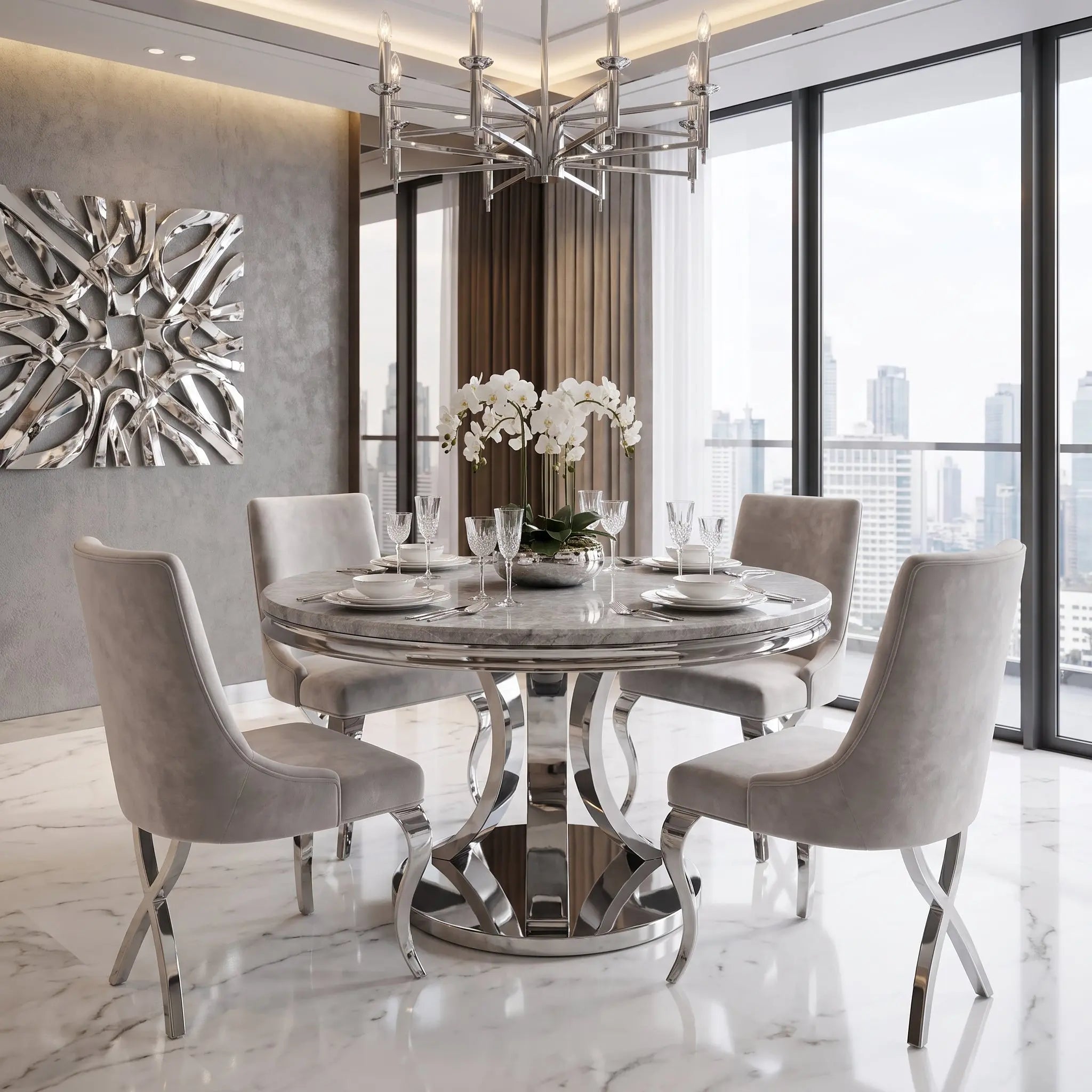 London 1.3m Round Marble Dining Table w/ Chrome Legs AWS