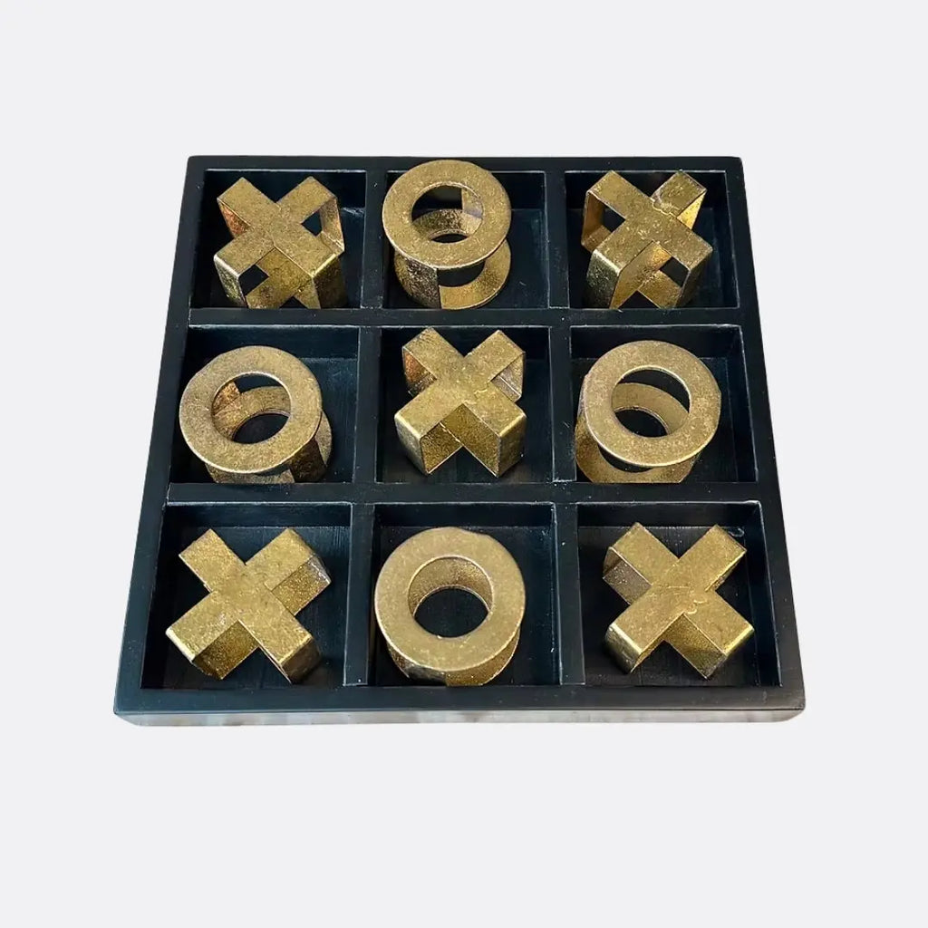 Black Tic-Tac-Toe Game Set Ornament with Gold Iron Pieces Otters Brook