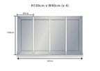 A top-down dimension diagram of a rectangular mirror The image includes measurement labels and arrows indicating dimensions: 100 cm height, 160 cm width, and 40 cm compartment width, with the text 'H100cm x W40cm (x 4)' above.