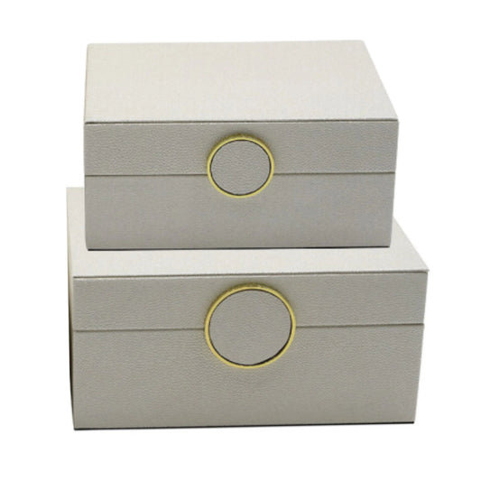 Set of 2 White Faux Litchi with Gold Ring Handle Jewellery Boxes Home Store Living