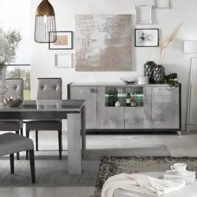 Trillo Grey High Gloss 4 Door Sideboard with LED Light Home Store Living