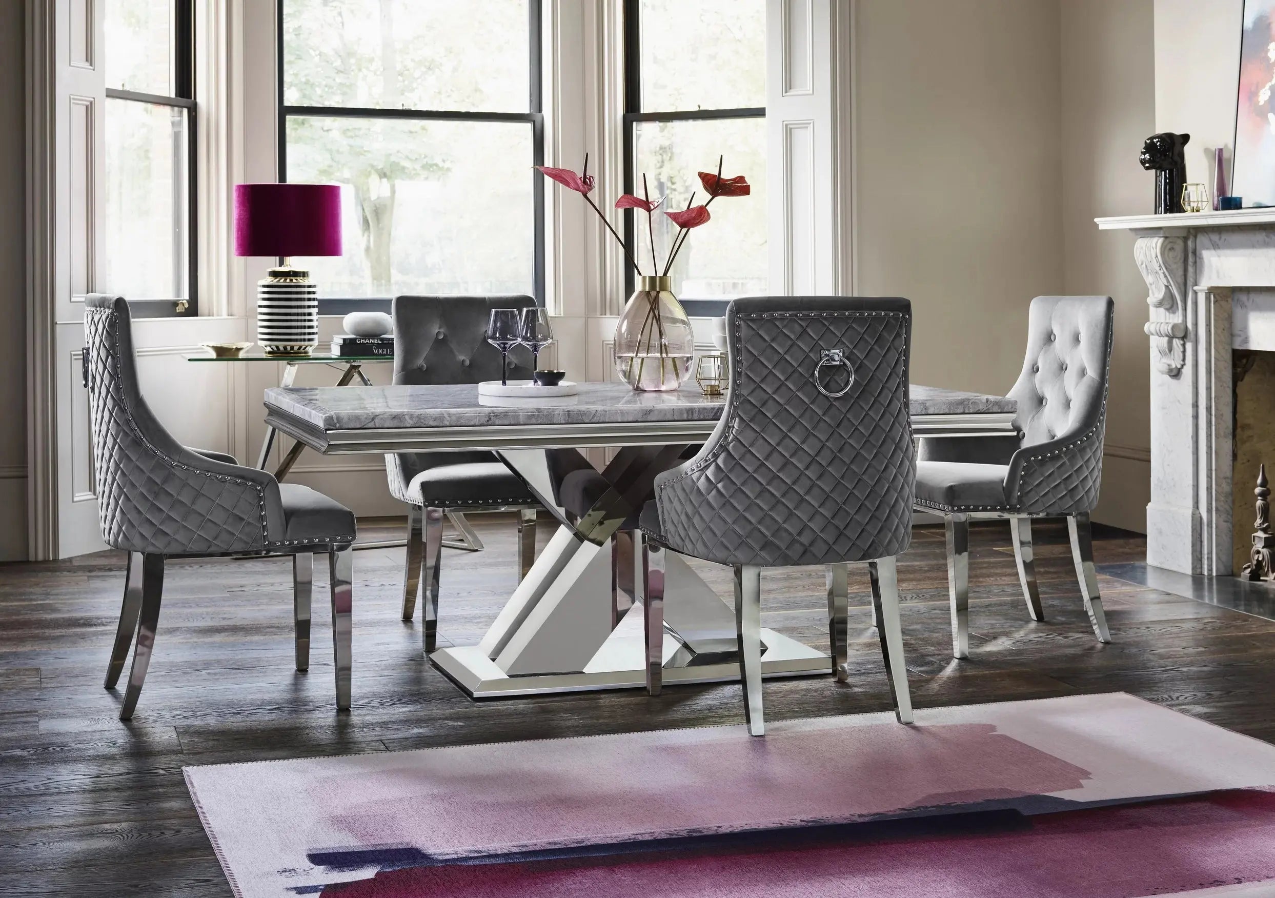Dolce Rectangle Chrome & Marble Dining Table 1.5m Home Store Living