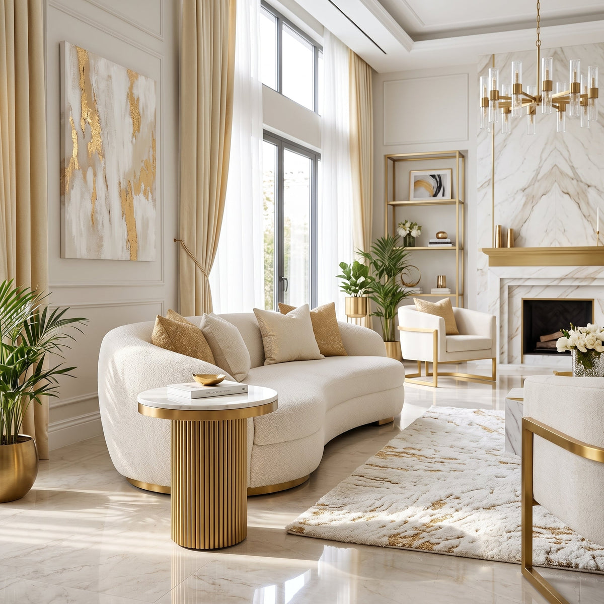 Cassa fluted gold side table in a luxury living room