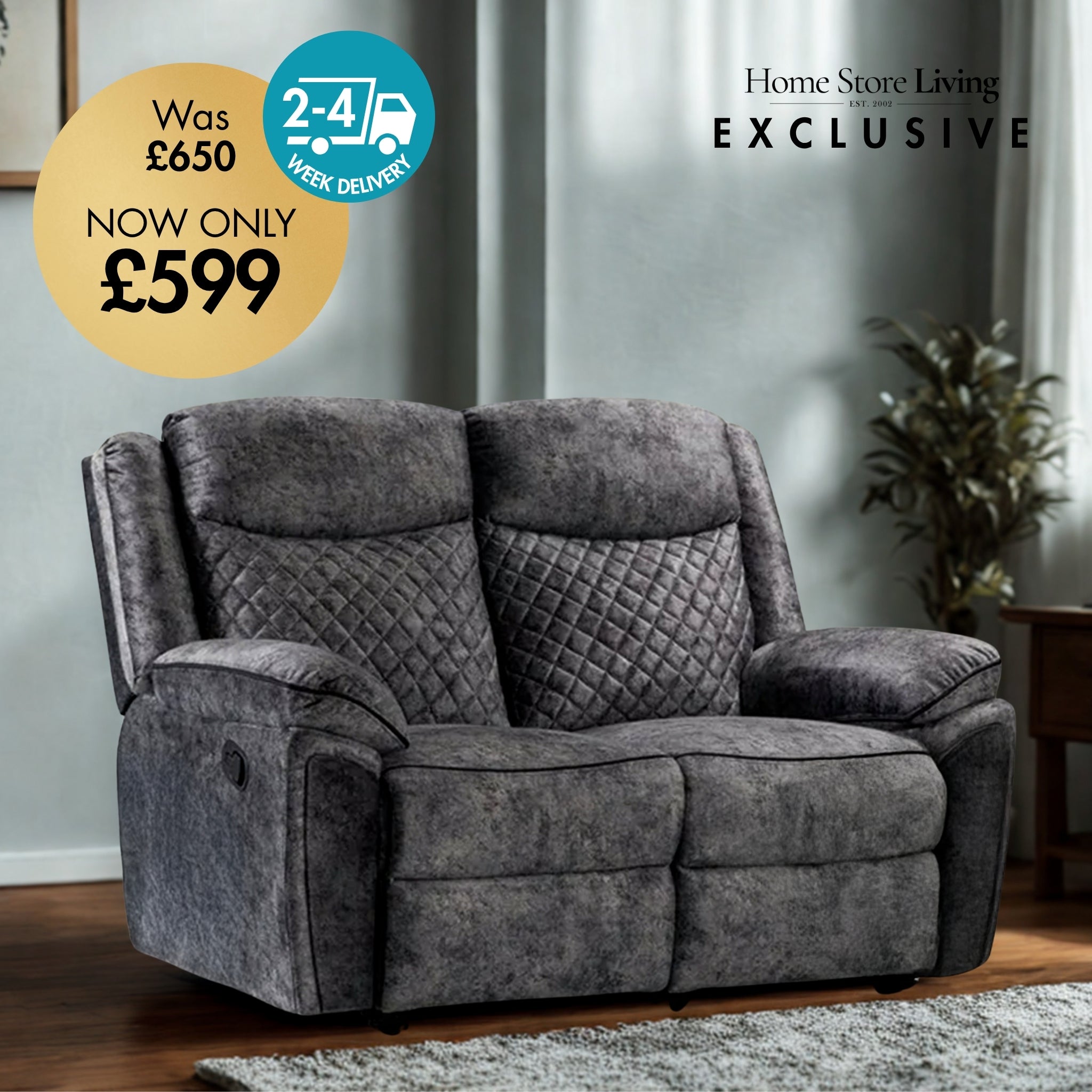 Chelsea 2 Seater Grey Velvet Manual Recliner Sofa rs furniture