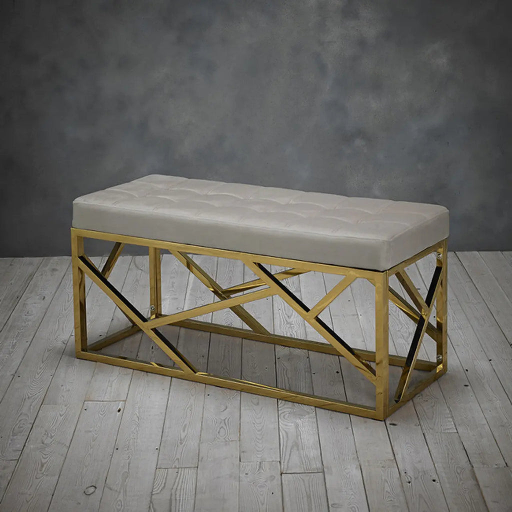 Renata Beige Upholstered Bench with Gold Geometric-Style Frame LPD