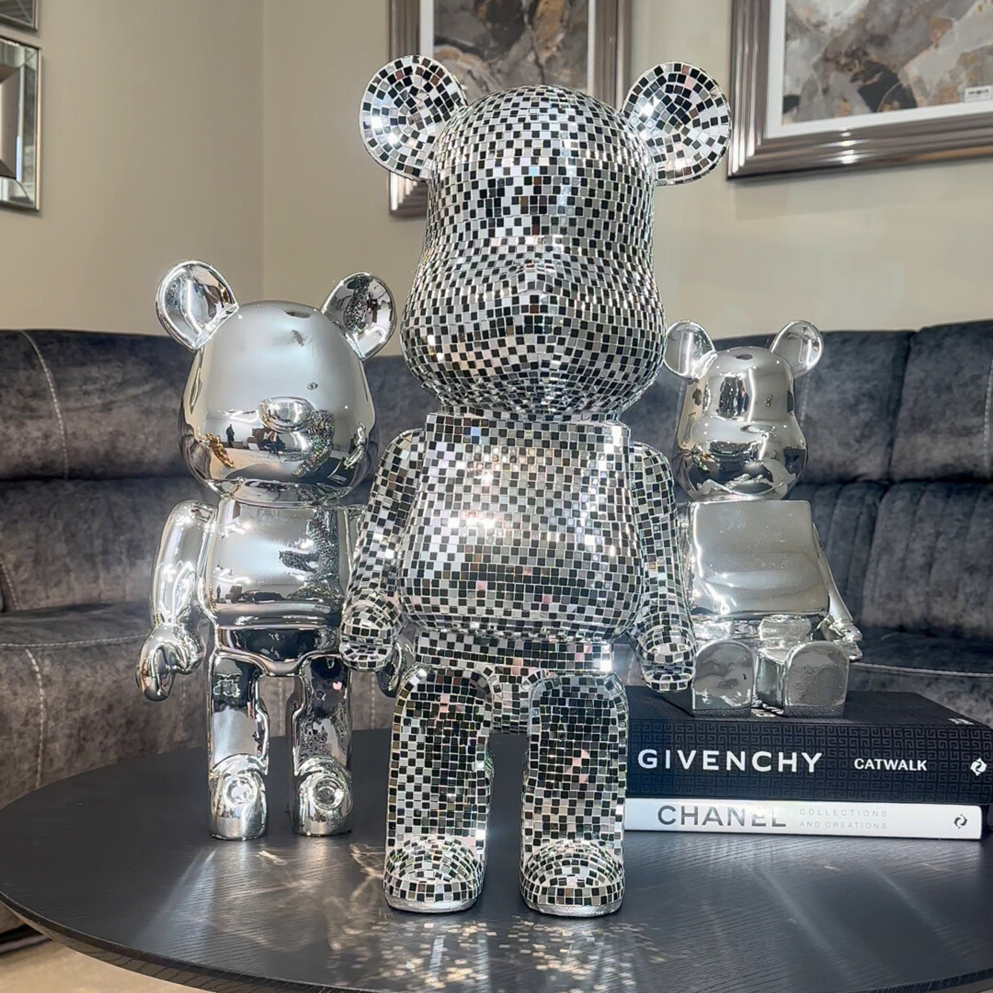 Richmond Interiors Medium Art Deco Black & Chrome Mosaic Standing Bear 50cm