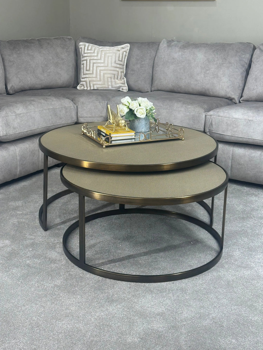 Belgravia Coffee Tables – Set of 2 Gold Frame Faux Shagreen Accent Tables Kevin Simba