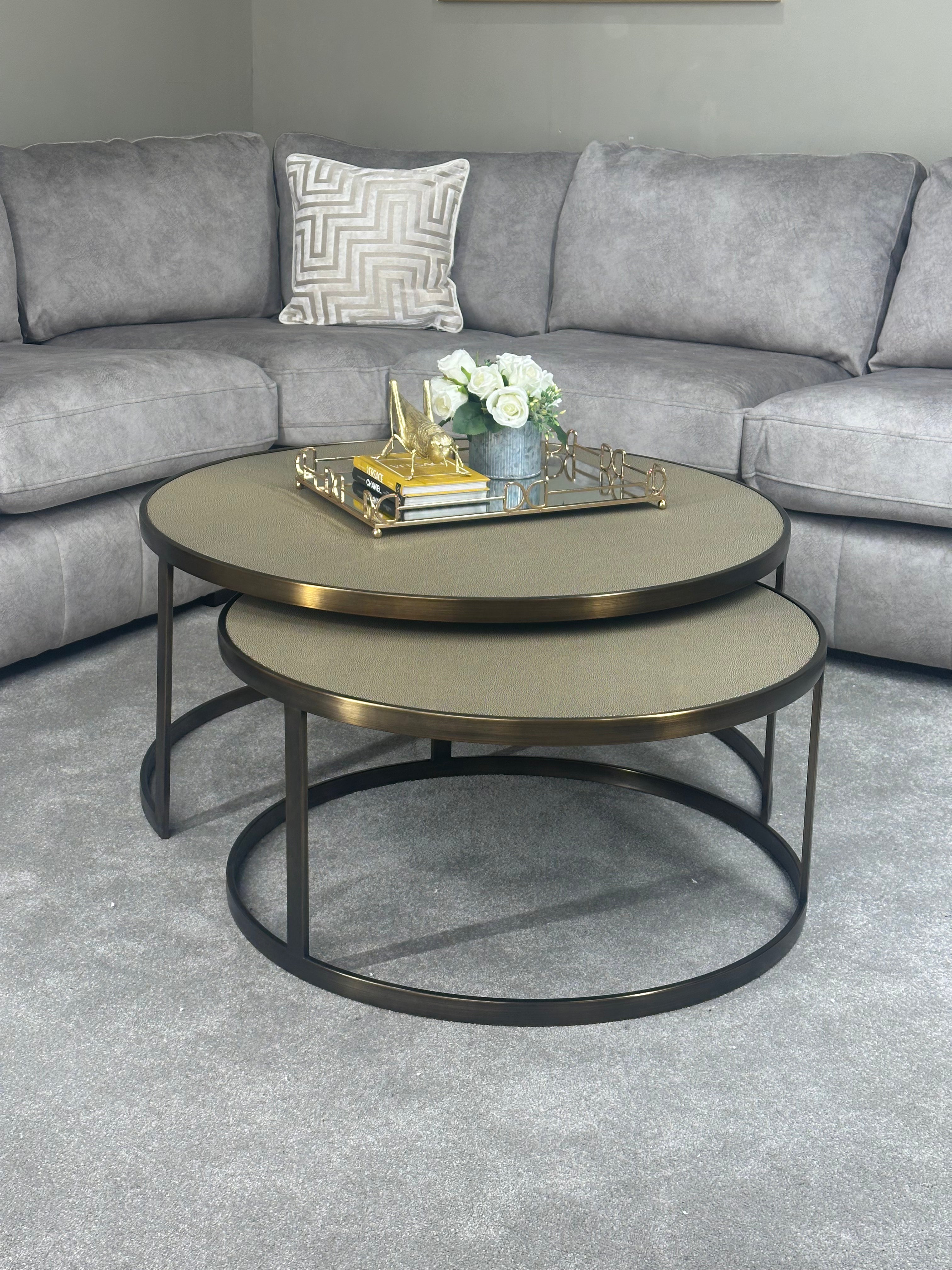 Richmond interiors Bloomville collection Bloomville Coffee Tables – Set of 2 Gold Frame Faux Shagreen Tables