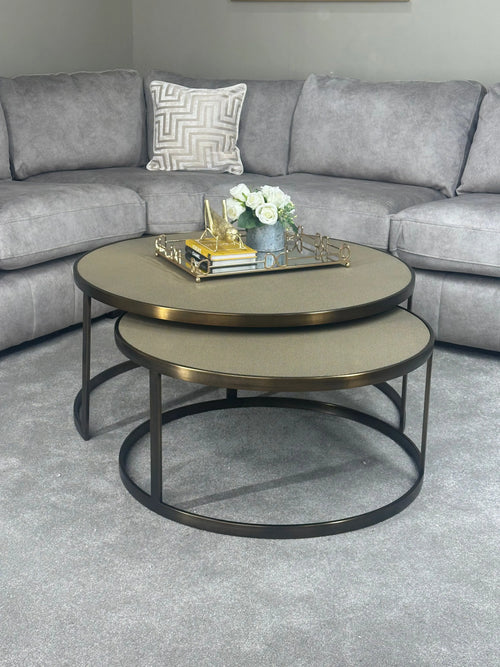 Belgravia Coffee Tables – Set of 2 Gold Frame Faux Shagreen Accent Tables Kevin Simba