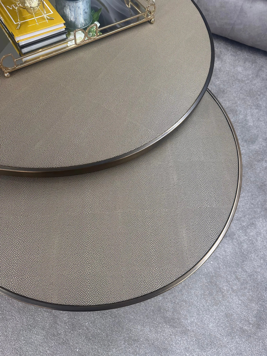 Belgravia Coffee Tables – Set of 2 Gold Frame Faux Shagreen Accent Tables Kevin Simba