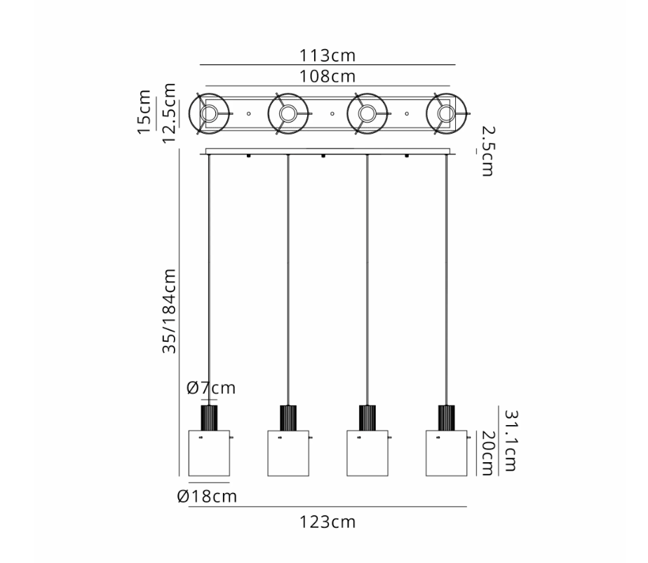 Brandon Ripple Linear Pendant, 4 Light Adjustable E27