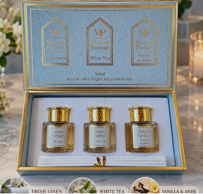 3X 50ML DIFFUSERS SET FRESH LINEN/WHITE TEA/VANILLA ANISE Lesser & Pavey Ltd