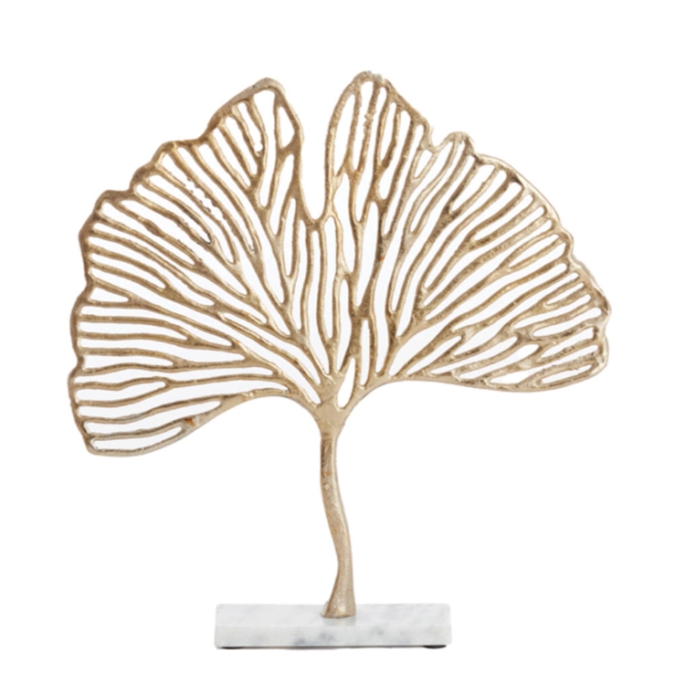 Large Gold Leaf Ornament on White Marble Base Light and Living