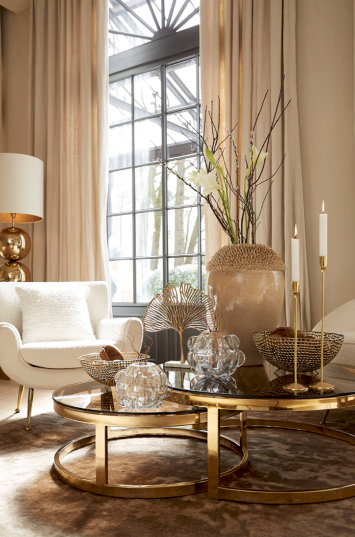 Large Gold Leaf Ornament on White Marble Base Light and Living