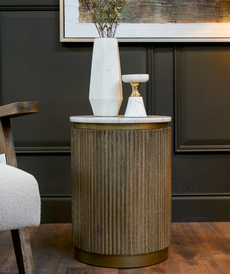 Milo White Marble Top Antique Brass Finish Side Table RV Astley