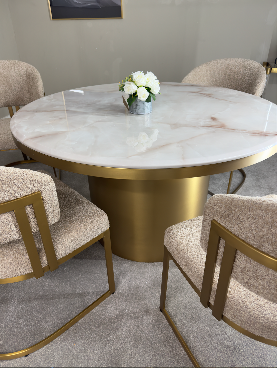 Camden Dining Table - Beige Marble/ Brushed Brass 130cm Kevin Simba
