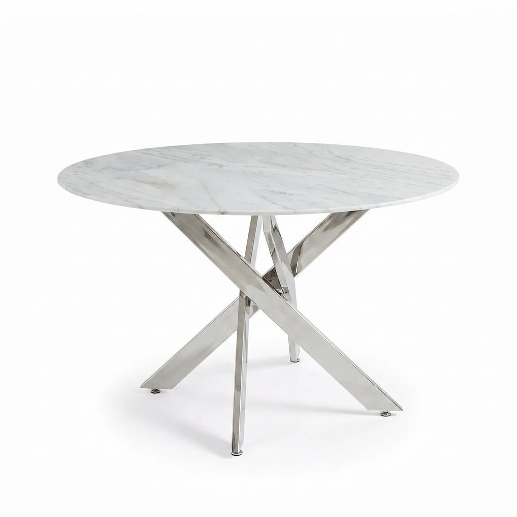 Round Silver Plated Glass & Marble Dining Table with Chrome Legs Home Store Living