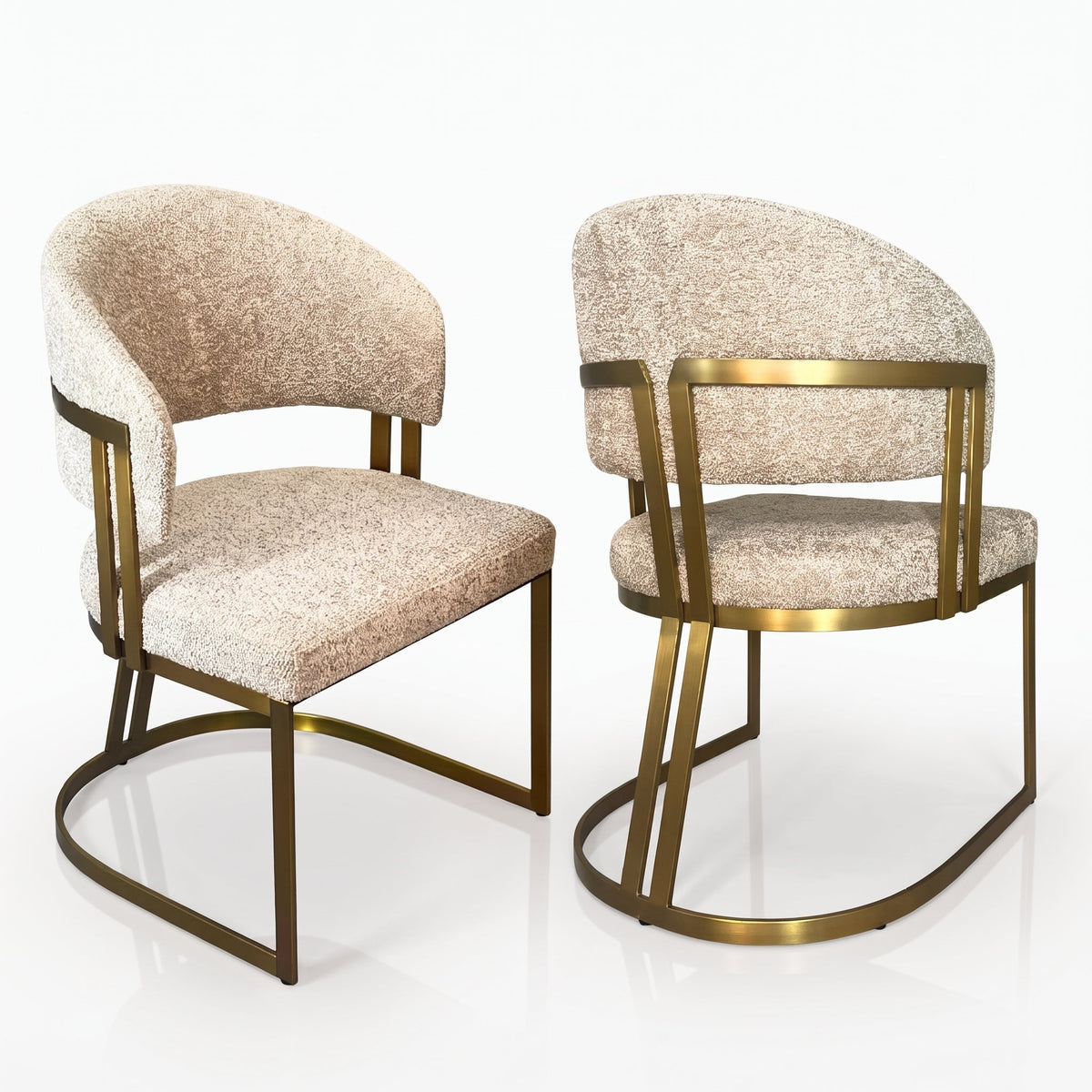 Two Clubhouse mink boucle dining chairs with brushed brass frames