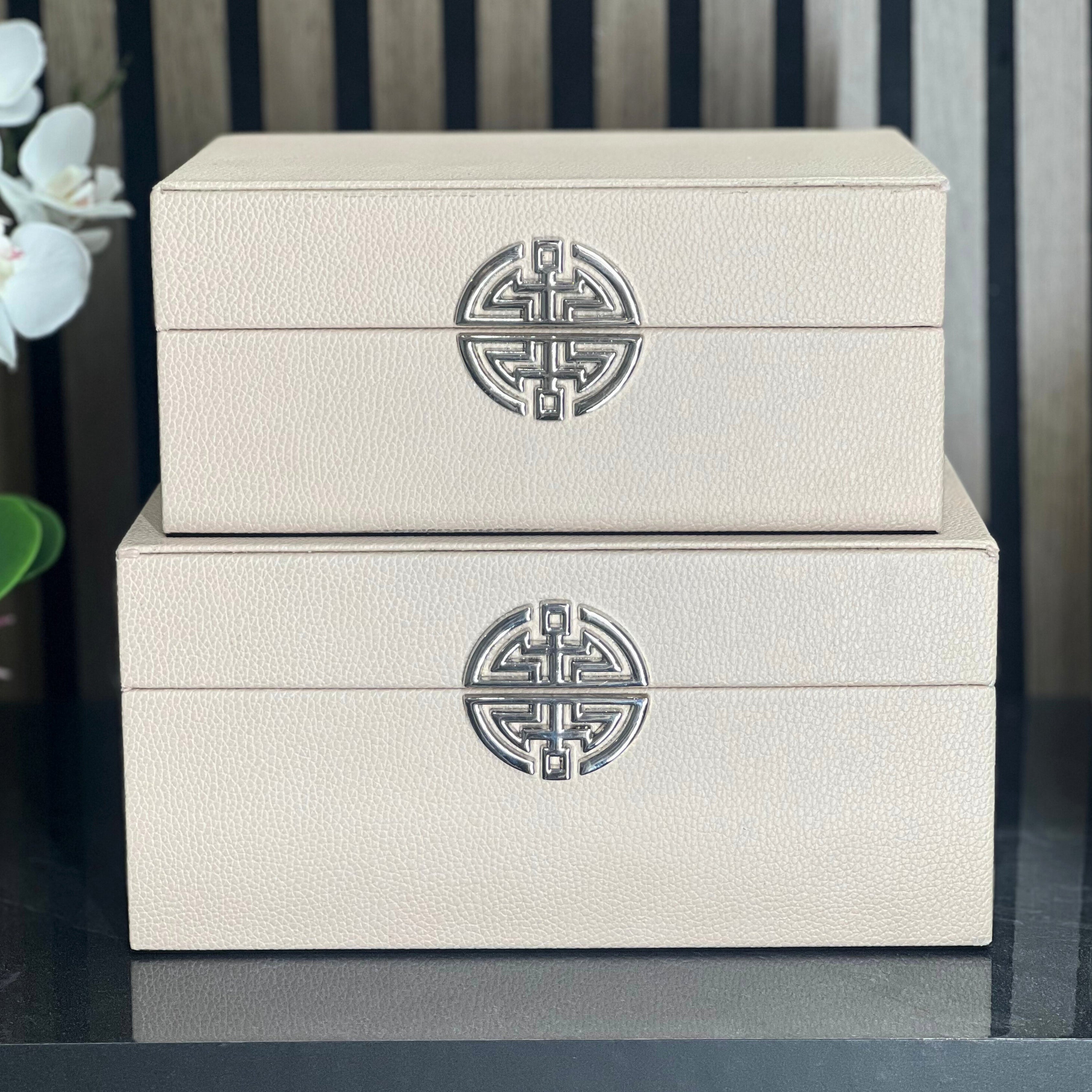 Powder Pink & Silver Faux Leather Storage Boxes (Set of 2) CIMC