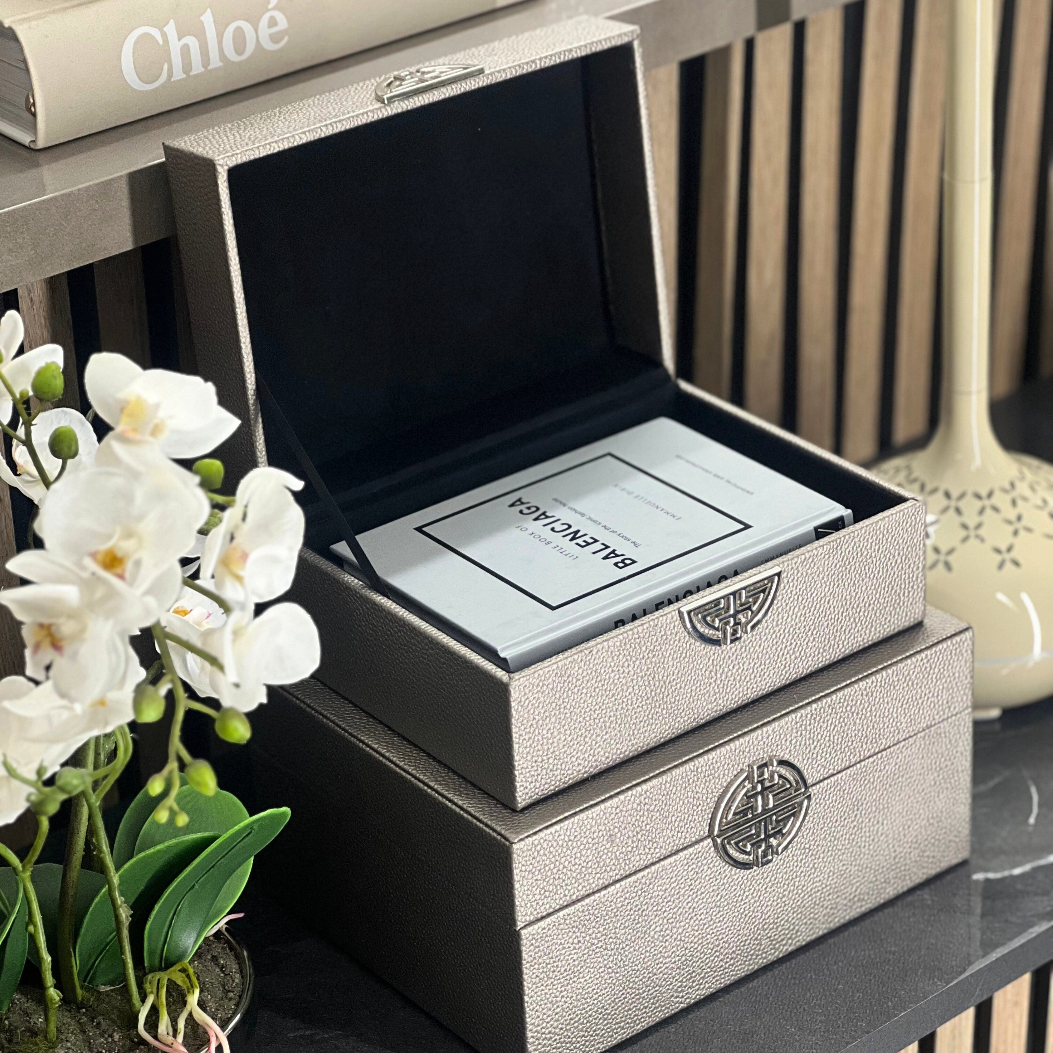 Silver & Grey Pewter Faux Leather Storage Boxes (Set of 2) CIMC