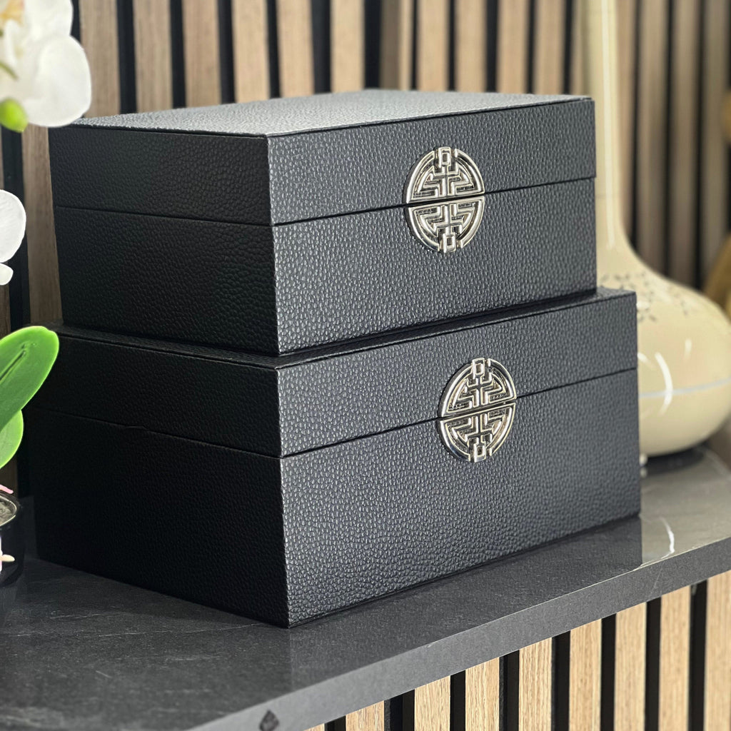 Black Faux Leather & Silver Handle Decorative Storage Boxes (Set of 2) CIMC